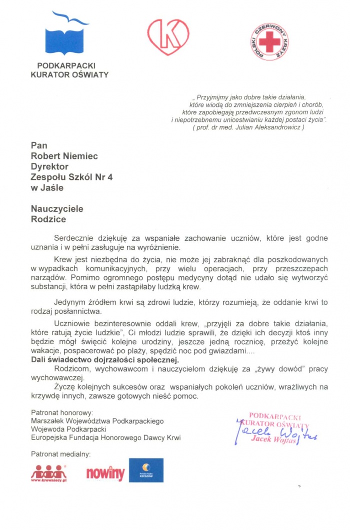 Podziękowanie za krwiodawstwo.