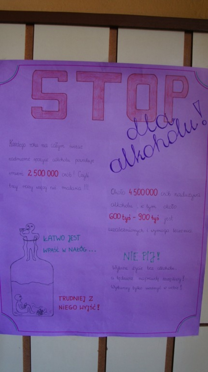 plakat na konkurs plastyczny \"Stop dla alkoholu, narkotyków i przemocy\" 