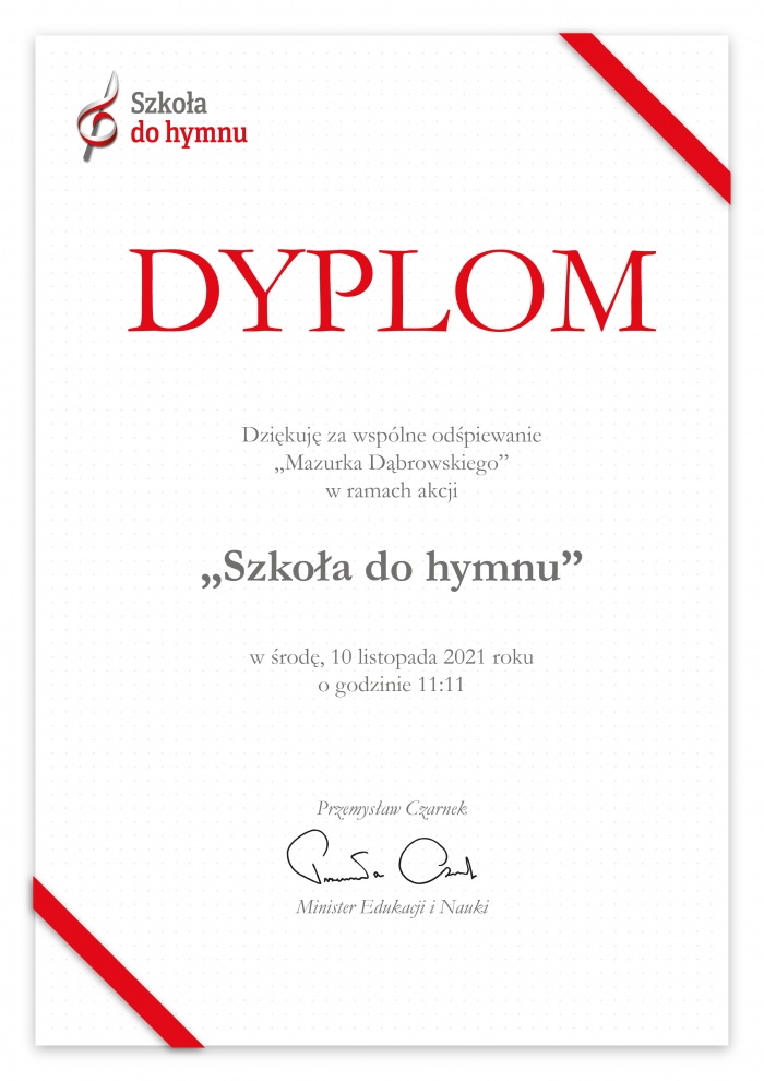 Podziękowanie Ministra Edukacji za udział w akcji \"Szkoła do hymnu\"